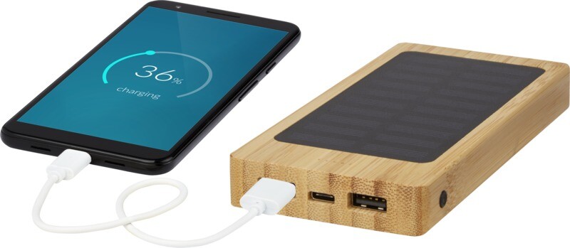 8000mAh, Bamboo, Solar Power Bank with charge indicator