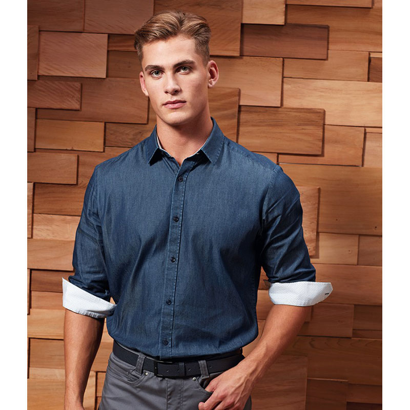 Premier Long Sleeve Denim-Pindot Shirt